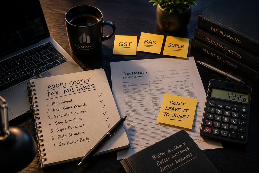 Desk with tax planning checklist, calculator and business records