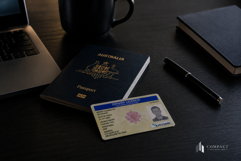 Australian passport and driver's licence on a desk illustrating accountant identity verification requirements
