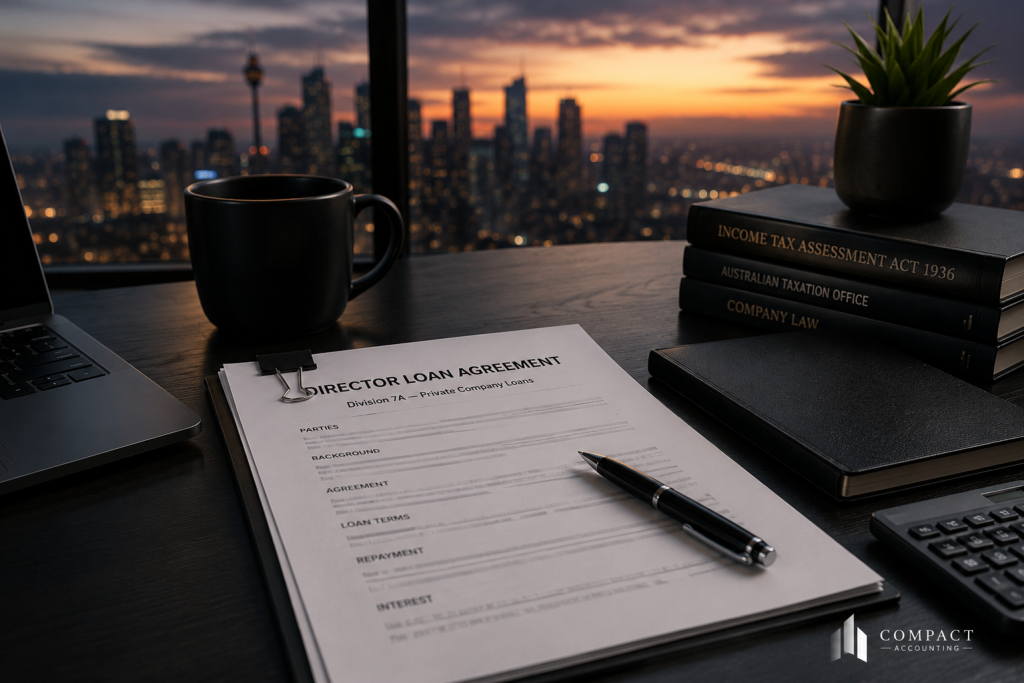 Director loan agreement and accounting materials illustrating Division 7A and the private use of company money.